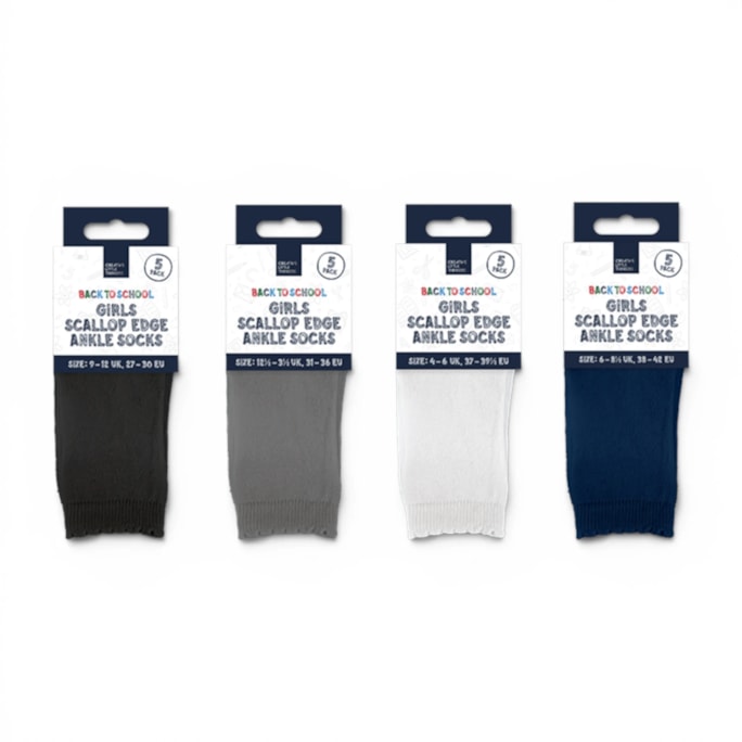 Wholesale Girls Scallop Edge Ankle Socks 5 Pack 4 Assorted Sizes | Wholesale Direct