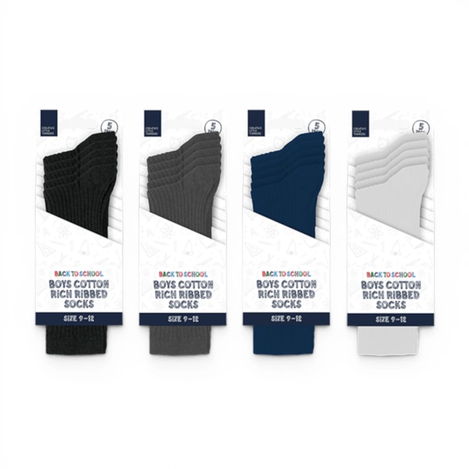 Wholesale Boys Cotton Rich Ribbed Socks 5 Pack 4 Assorted sizes | Wholesale Direct
