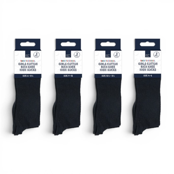 Wholesale Girls Cotton Rich Knee High Socks 3 Pack 4 Assorted sizes | Wholesale Direct