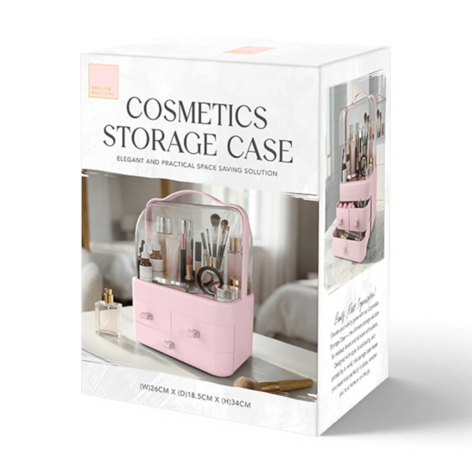 Wholesale Pink Cosmetic Storage Case with Handle & Three Drawers | Wholesale Direct