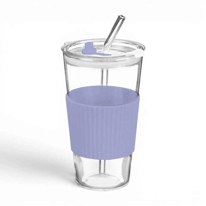 Wholesale Glass Cup With Ribbed Sleeve And Straw 450ml | Wholesale Direct