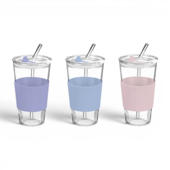 Wholesale Glass Cup With Ribbed Sleeve And Straw 450ml | Wholesale Direct