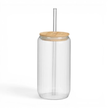 Wholesale Ribbed Glass Cup With Straw & Bamboo Lid 450ml | Wholesale Direct