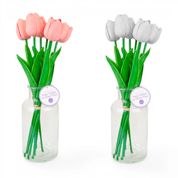 Wholesale7 Faux Tulips In Glass Vase | Wholesale Direct Wholesale7 Faux Tulips In Glass Vase | Wholesale Direct