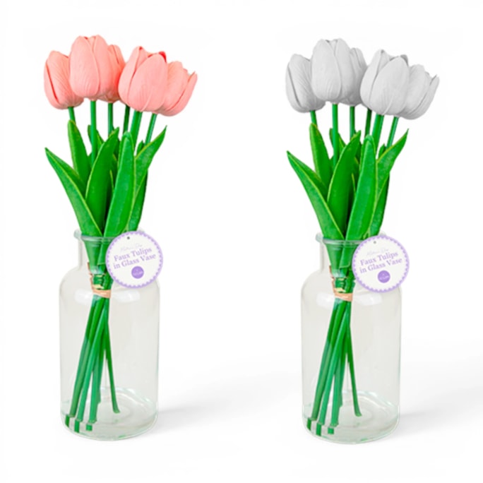 Wholesale7 Faux Tulips In Glass Vase | Wholesale Direct