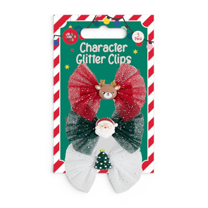 Wholesale Christmas Character Glitter Clips 3pk | Wholesale Direct