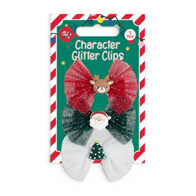 Wholesale Christmas Character Glitter Clips 3pk | Wholesale Direct