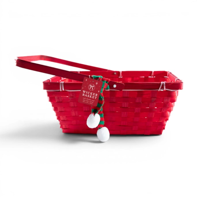 Wholesale Wicker Basket with Handle and Pom Pom Scarf 28 x 18 x 12cm | Wholesale Direct