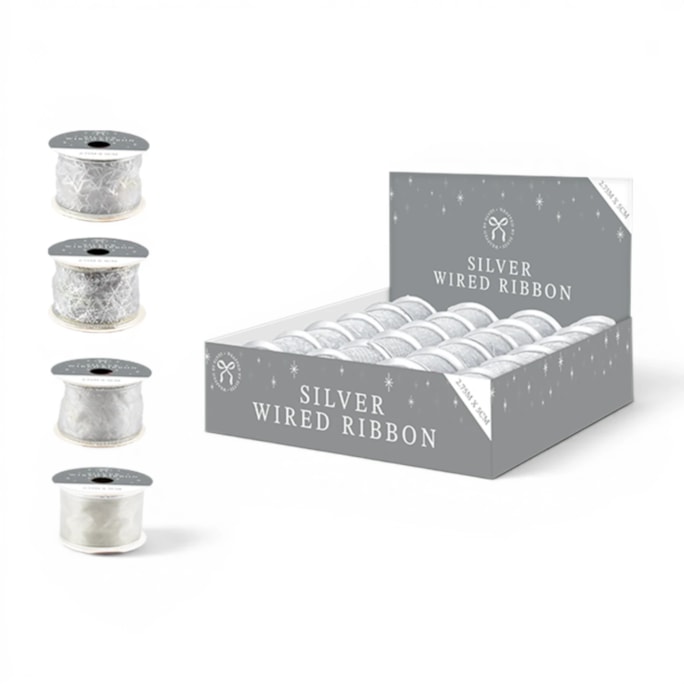 Wholesale Christmas Wired Ribbon Silver 5cm x 2.75m CDU | Wholesale Direct