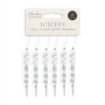 Wholesale Silver & White Acrylic Glitter Icicles - 6 Pack 13cm x 1cm | Wholesale Direct