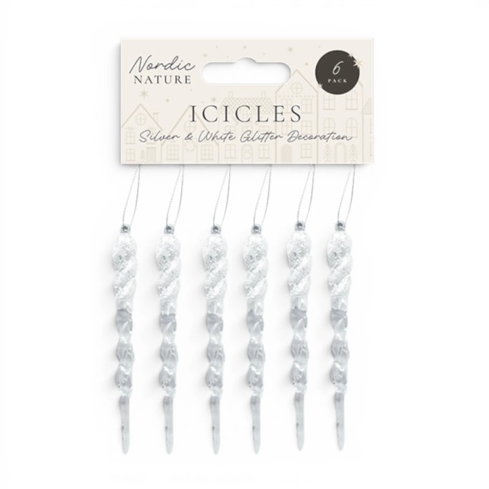 Wholesale Silver & White Acrylic Glitter Icicles - 6 Pack 13cm x 1cm | Wholesale Direct