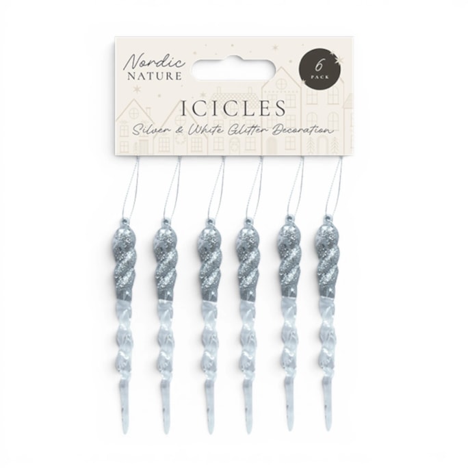 Wholesale Silver & White Acrylic Glitter Icicles - 6 Pack 13cm x 1cm | Wholesale Direct