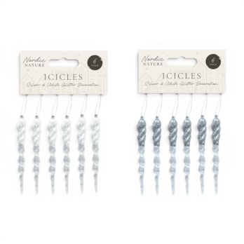 Wholesale Silver & White Acrylic Glitter Icicles - 6 Pack 13cm x 1cm | Wholesale Direct