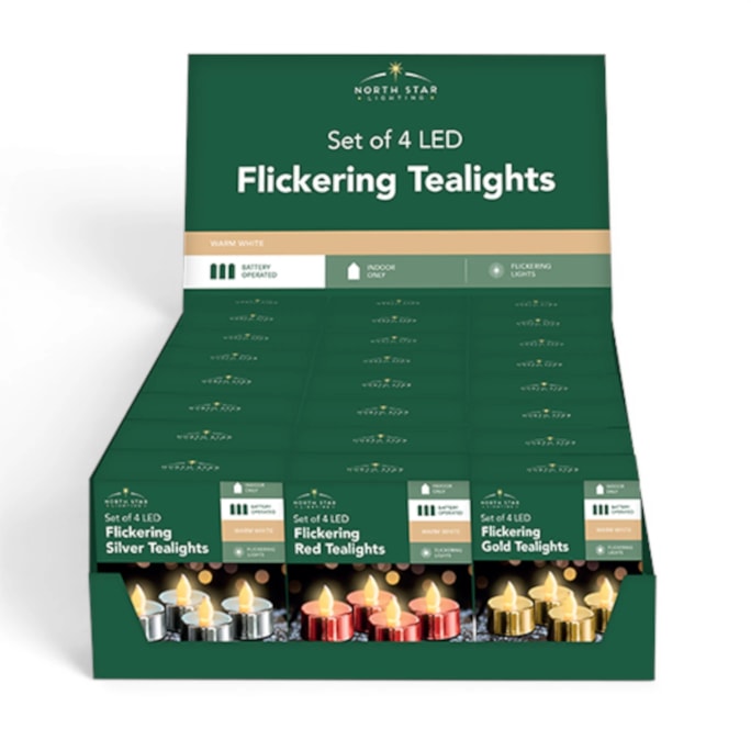 Wholesale LED Battery Operated Metallic Flickering Tea Lights 4pk CDU | Wholesale Direct Wholesale LED Battery Operated Metallic Flickering Tea Lights 4pk CDU | Wholesale Direct