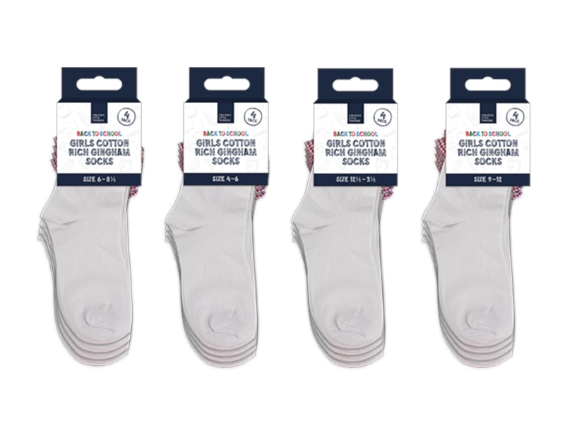 Wholesale Girls Cotton Rich Gingham Socks 4pk 4 asstd sizes Wholesale Girls Cotton Rich Gingham Socks 4pk 4 asstd sizes