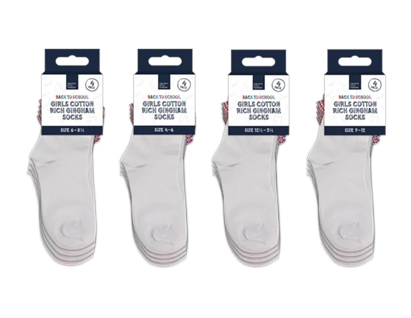 Wholesale Girls Cotton Rich Gingham Socks 4pk 4 asstd sizes