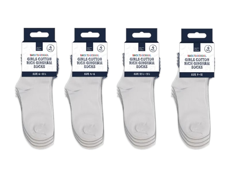 Wholesale Girls Cotton Rich Gingham Socks 4pk 4 asstd sizes Wholesale Girls Cotton Rich Gingham Socks 4pk 4 asstd sizes