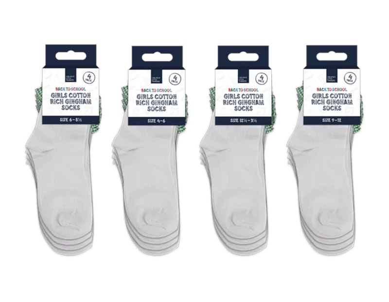 Wholesale Girls Cotton Rich Gingham Socks 4pk 4 asstd sizes Wholesale Girls Cotton Rich Gingham Socks 4pk 4 asstd sizes