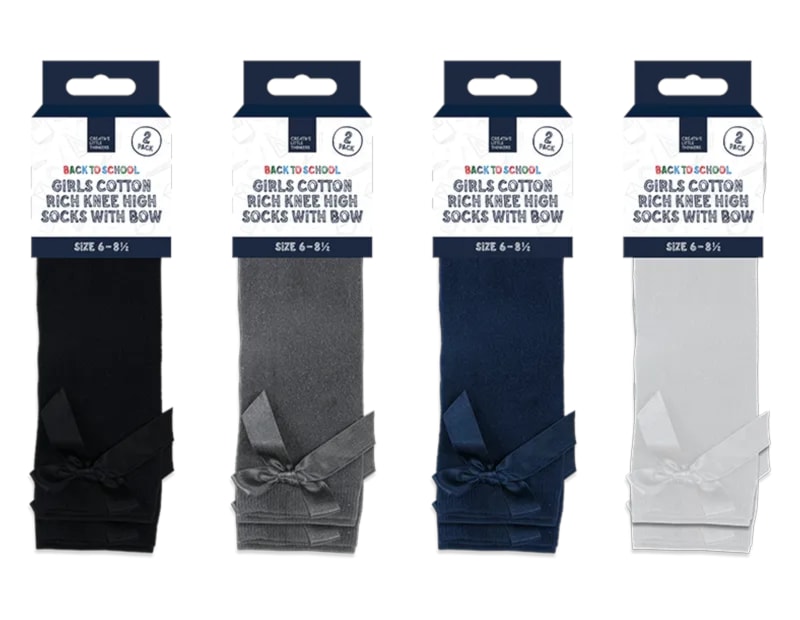 Wholesale Girls Cotton Rich Knee Socks with Bow 2pk 4 asstd sizes Wholesale Girls Cotton Rich Knee Socks with Bow 2pk 4 asstd sizes