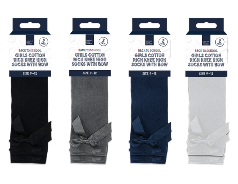Wholesale Girls Cotton Rich Knee Socks with Bow 2pk 4 asstd sizes Wholesale Girls Cotton Rich Knee Socks with Bow 2pk 4 asstd sizes