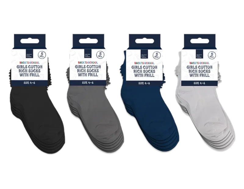 Wholesale Girls Cotton Rich Socks with Frill 5pk 4 asstd sizes Wholesale Girls Cotton Rich Socks with Frill 5pk 4 asstd sizes