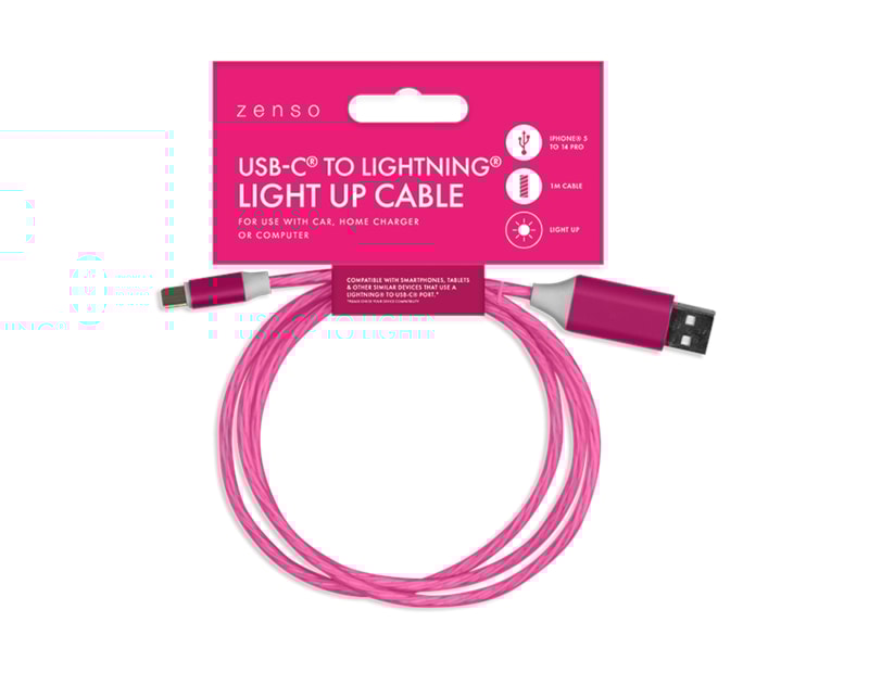 Wholesale Lightning to Type-C Light Up Charging Cable 1M Wholesale Lightning to Type-C Light Up Charging Cable 1M in Pink
