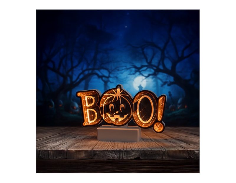 Wholesale LED Battery Operated Infinity Light Boo Pumpkin 14cm x 24cm Wholesale LED Battery Operated Infinity Light Boo Pumpkin 14cm x 24cm