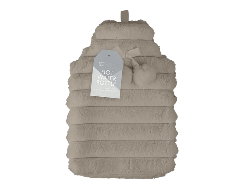 Wholesale Faux Fur Ribbed Hot Water Bottle With Pom Poms 1.7L