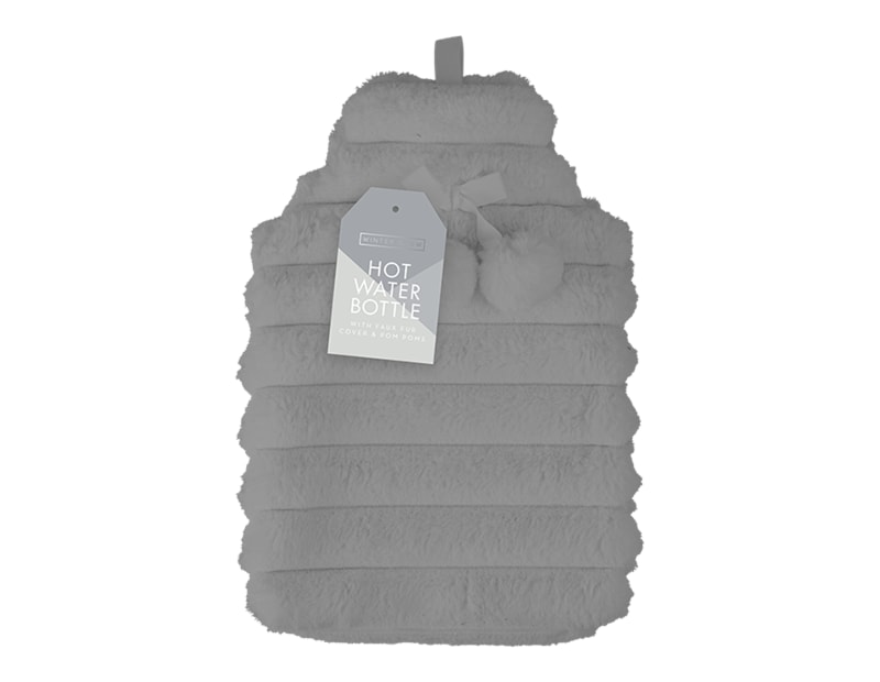 Wholesale Faux Fur Ribbed Hot Water Bottle With Pom Poms 1.7L