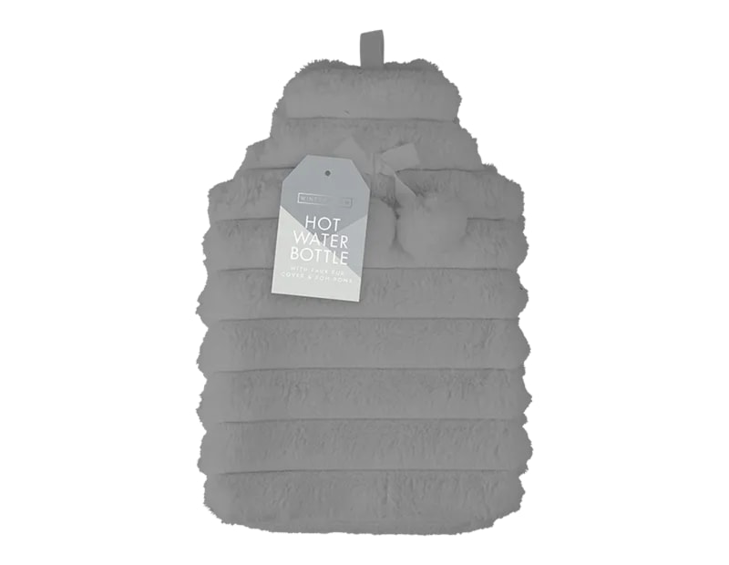 Wholesale Faux Fur Ribbed Hot Water Bottle With Pom Poms 1.7L