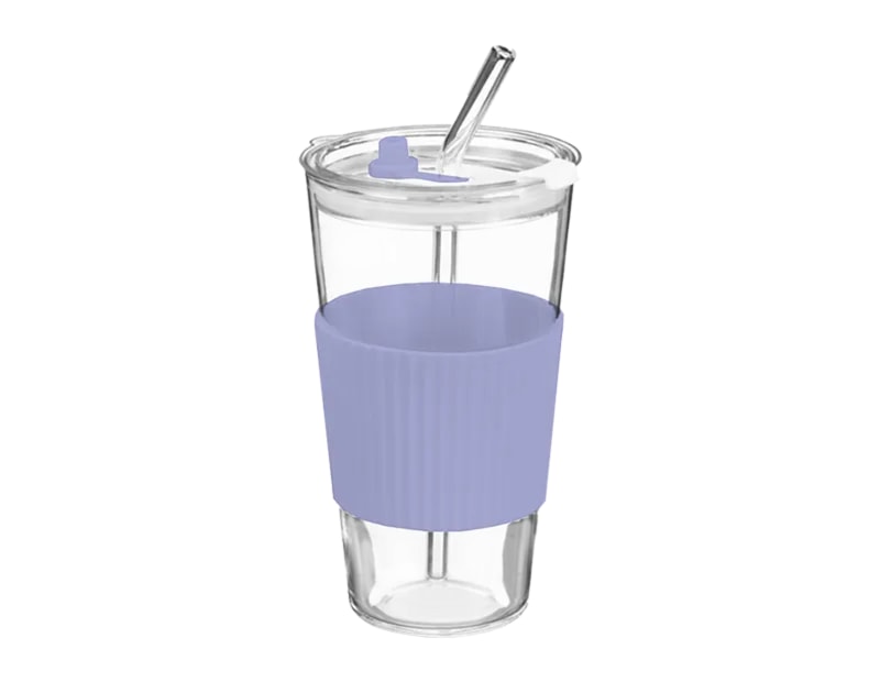 Wholesale Glass Cup With Ribbed Sleeve And Straw 450ml