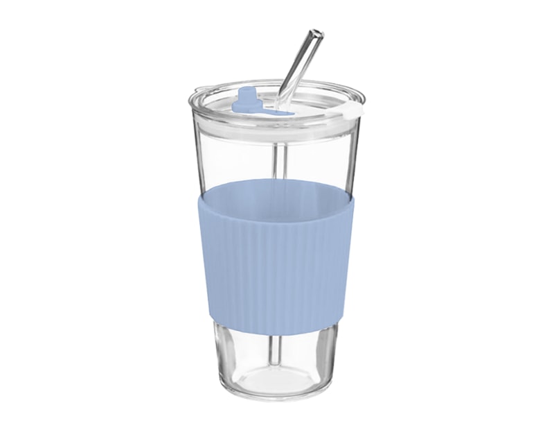 Wholesale Glass Cup With Ribbed Sleeve And Straw 450ml Wholesale Glass Cup With Ribbed Sleeve And Straw 450ml