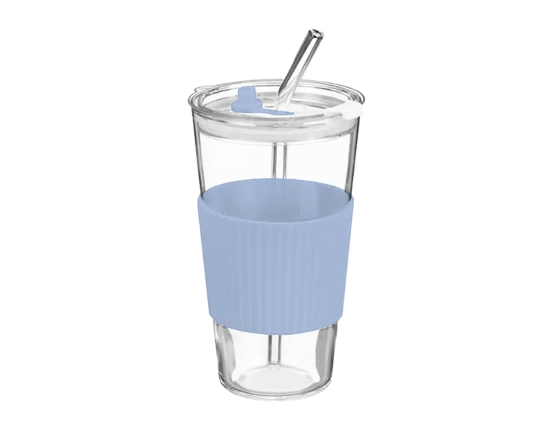 Wholesale Glass Cup With Ribbed Sleeve And Straw 450ml Wholesale Glass Cup With Ribbed Sleeve And Straw 450ml