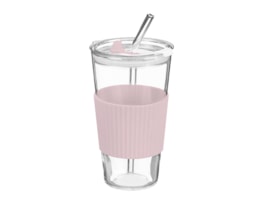Wholesale Glass Cup With Ribbed Sleeve And Straw 450ml Wholesale Glass Cup With Ribbed Sleeve And Straw 450ml