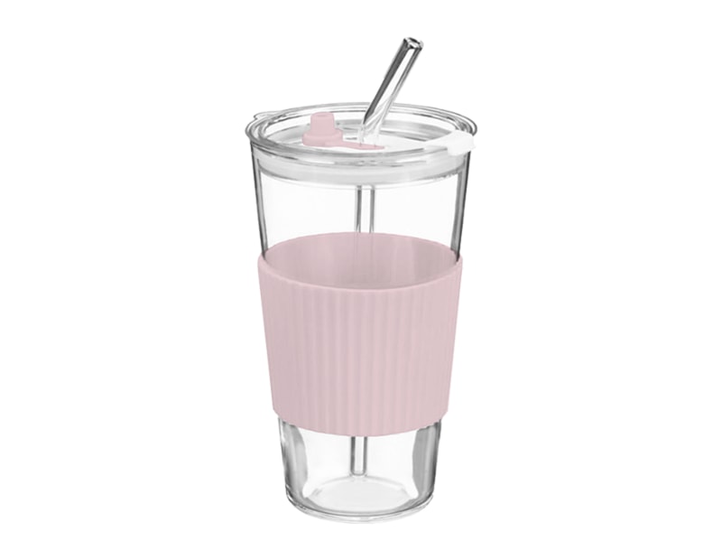 Wholesale Glass Cup With Ribbed Sleeve And Straw 450ml Wholesale Glass Cup With Ribbed Sleeve And Straw 450ml