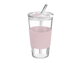 Wholesale Glass Cup With Ribbed Sleeve And Straw 450ml Wholesale Glass Cup With Ribbed Sleeve And Straw 450ml