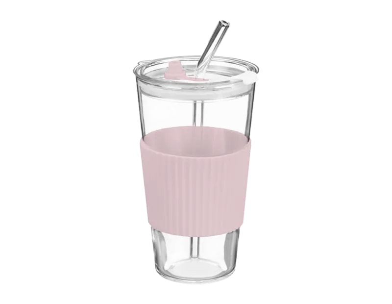 Wholesale Glass Cup With Ribbed Sleeve And Straw 450ml