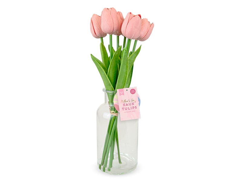 Wholesale 7 Faux Tulips In Glass Vase Wholesale 7 Faux Tulips In Glass Vase