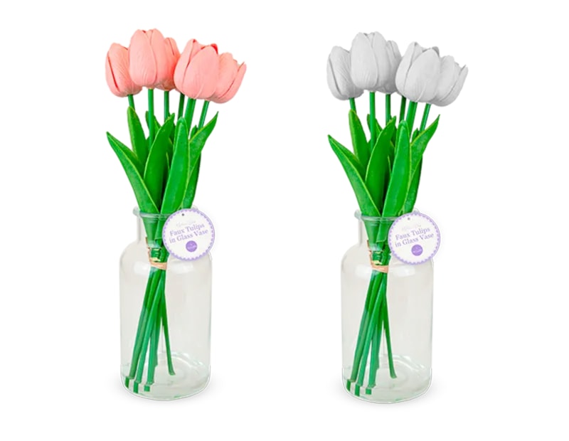 Wholesale 7 Faux Tulips In Glass Vase