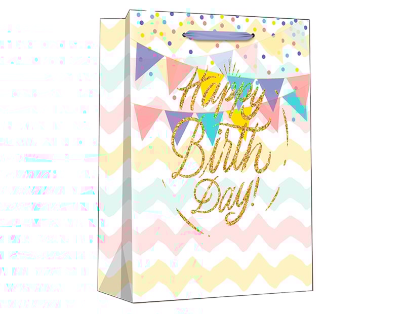 Wholesale Pastel Glitter Happy Birthday Medium Gift Bag 26x32x12cm