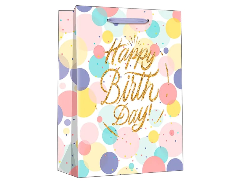 Wholesale Pastel Glitter Happy Birthday Large Gift Bag 30x42x12cm