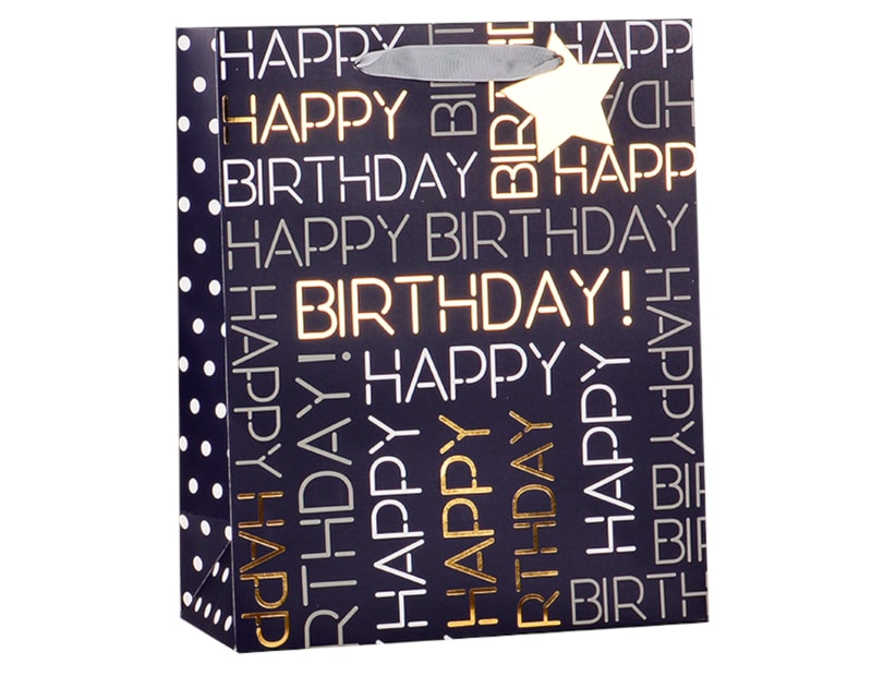 Wholesale Mens Foiled Happy Birthday Medium Gift Bag 26x32x12cm