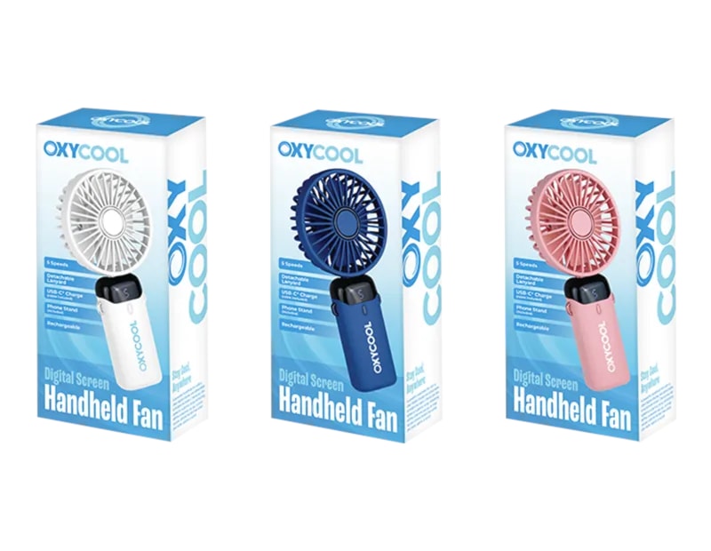 Wholesale Digital Screen Handheld Fan with Phone Stand 24cm CDU