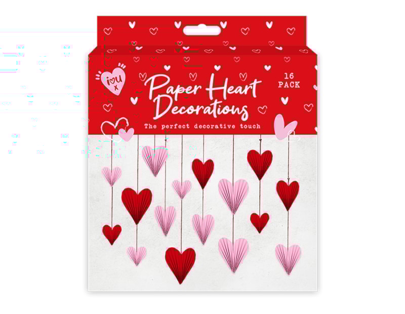 Wholesale Valentine's Paper Heart Decorations 16pk CDU Wholesale Valentine's Paper Heart Decorations 16pk CDU