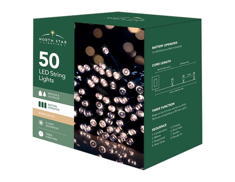 Bulk Buy 50 Battery Operated Warm White String Lights 5.9m CDU