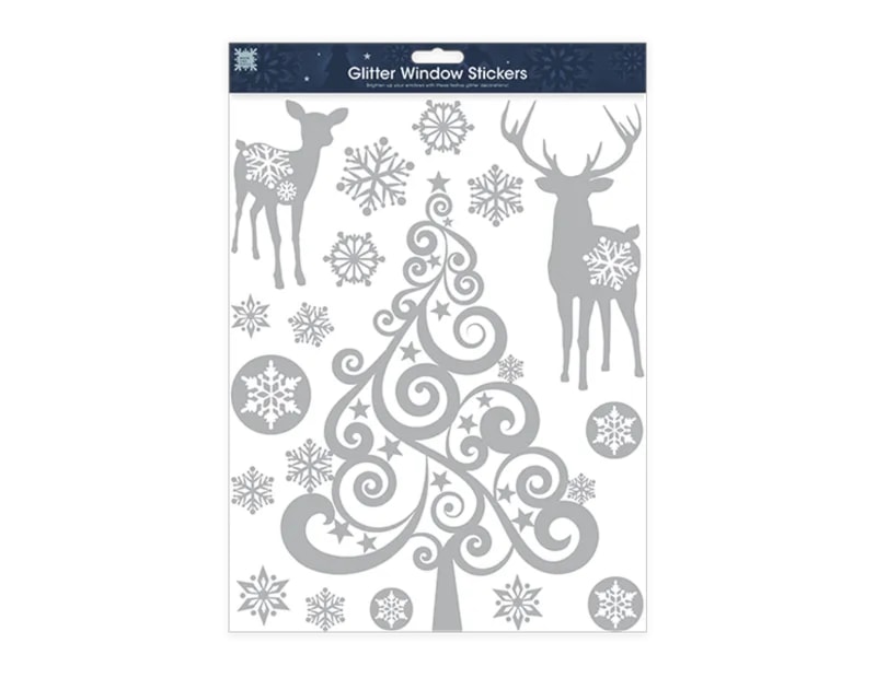 Wholesale Xmas Silver Glitter Window Stickers | Bulk Buy Christmas Decorations