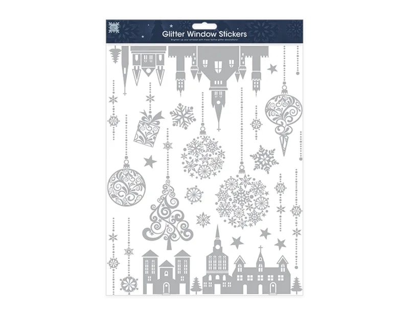 Wholesale Xmas Silver Glitter Window Stickers | Bulk Buy Christmas Decorations