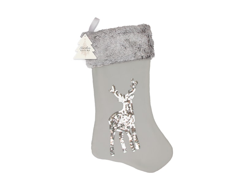 Wholesale Sequin Reindeer Faux Fur Stocking | Bulk Buy Christmas Stockings Bulk Buy Christmas Decorations