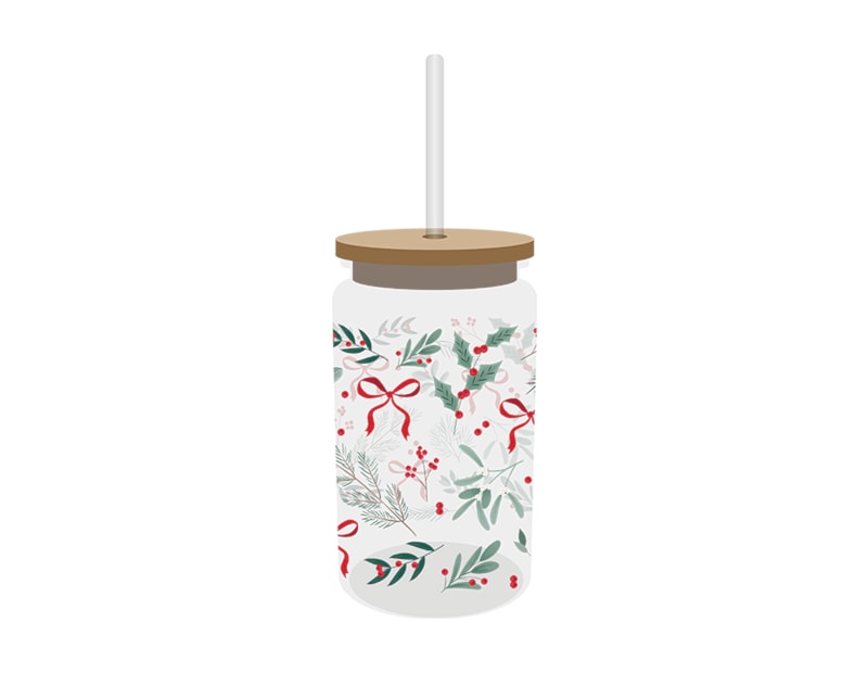 Wholesale Festive Glass Drinking Cup with straw 480ml Wholesale Festive Glass Drinking Cup with straw 480ml
