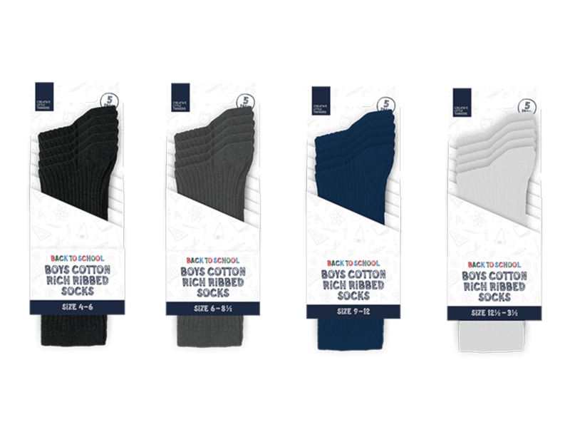 Wholesale Boys Cotton Rich Ribbed Socks 5pk 4 asstd sizes Wholesale Boys Cotton Rich Ribbed Socks 5pk 4 asstd sizes